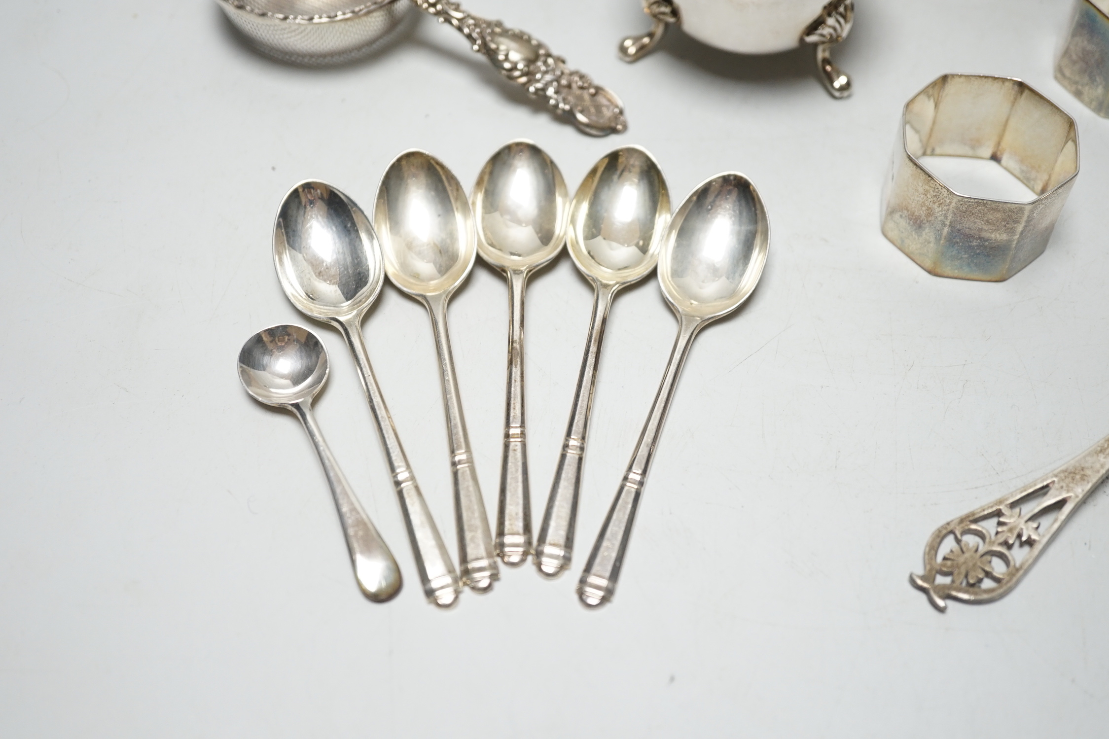 Sundry small silver including condiments, napkin rings and flatware.